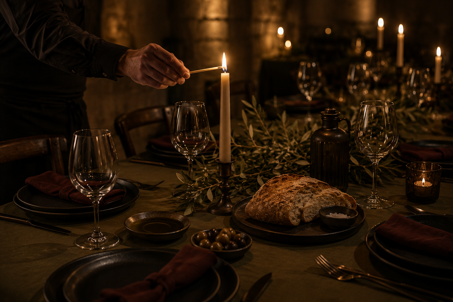 Hearth table at candlelight — olive linen, black plates, burgundy napkins, broken bread, olives and olive oil.
