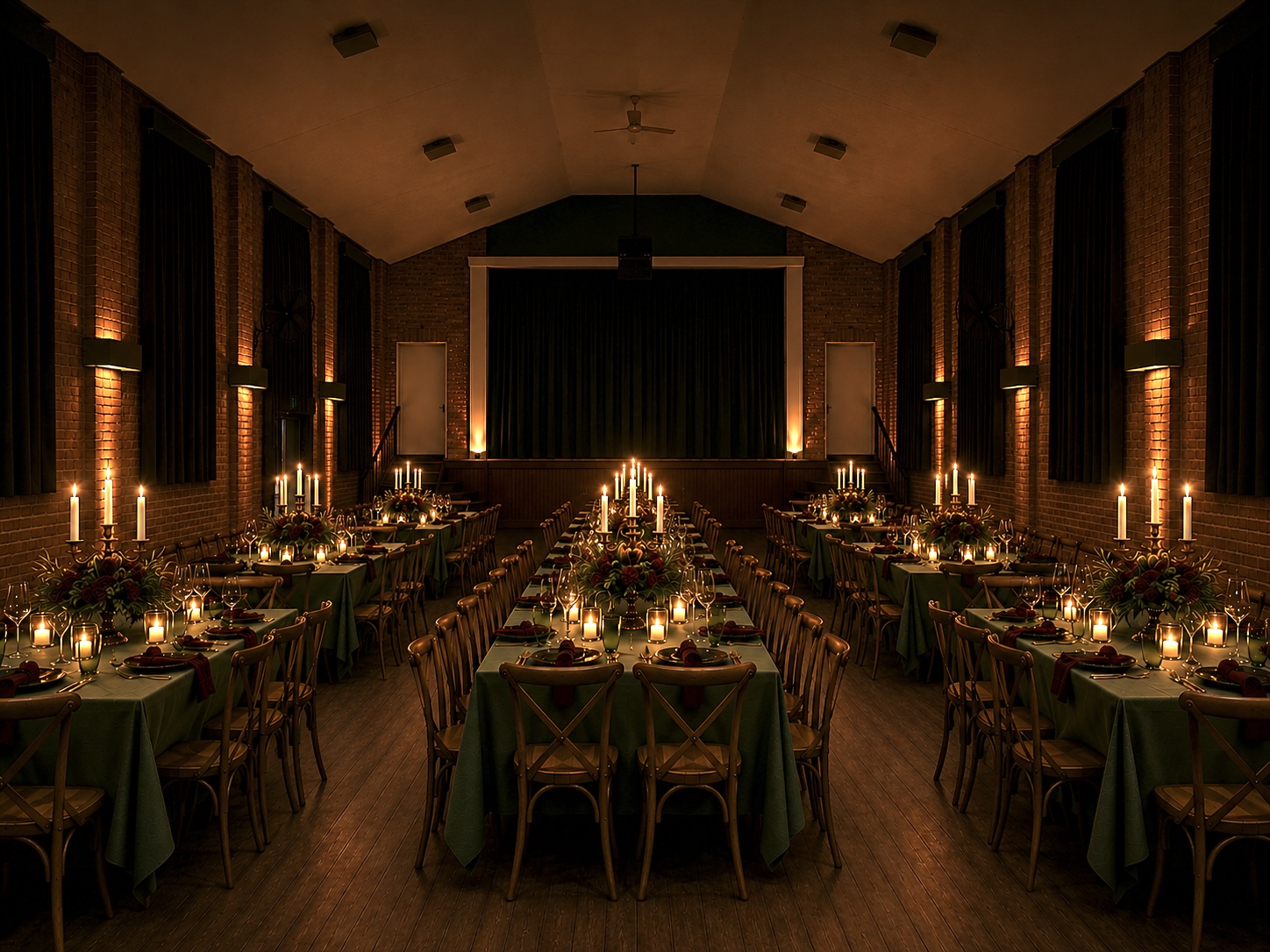 The Parish Hall set for the Shared Table — long candlelit tables beneath the vaulted ceiling, dressed in soft green linen